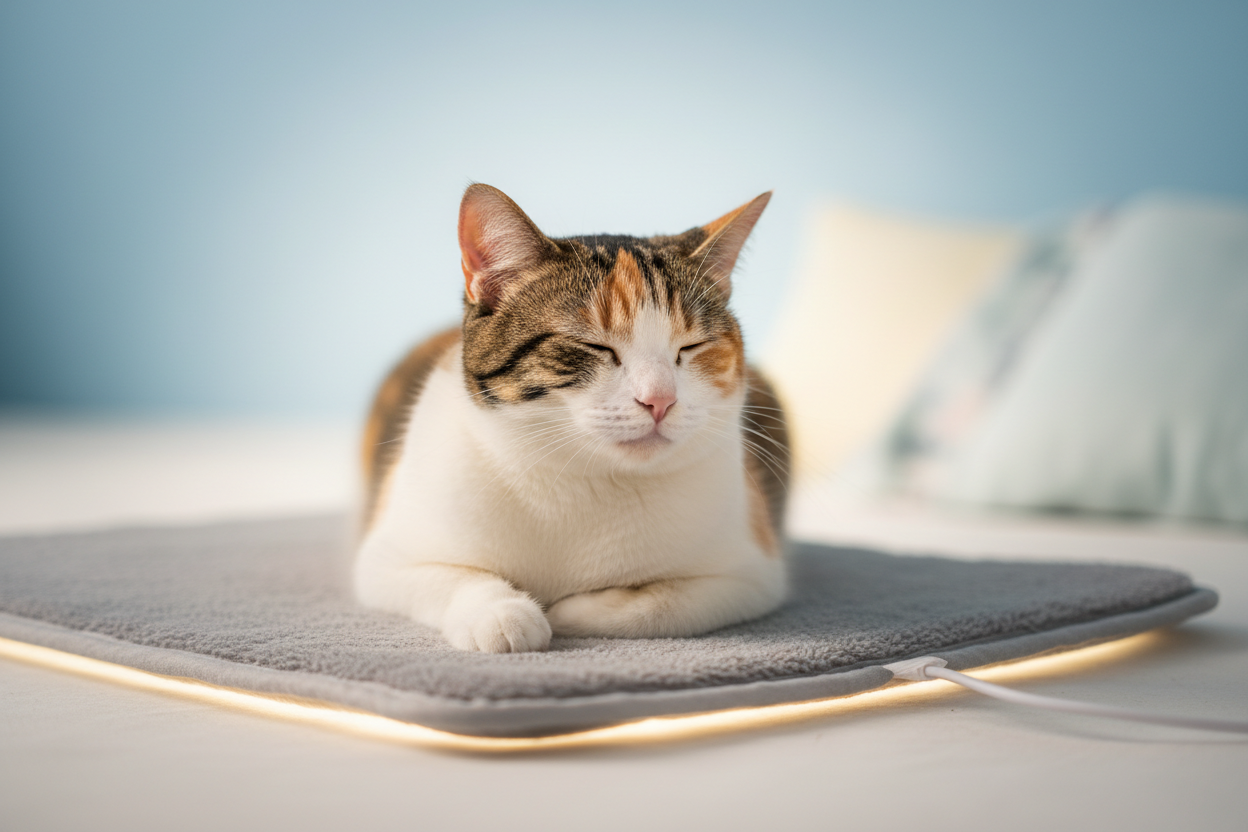 Cat laying down a warming mat with a blurred background light in colour and blue gradient colour